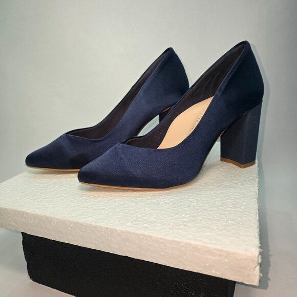 Antonia Saint NY Sweetheart Block Heel Navy Satin "Wedding" Shoes-8B - Picture 2 of 5